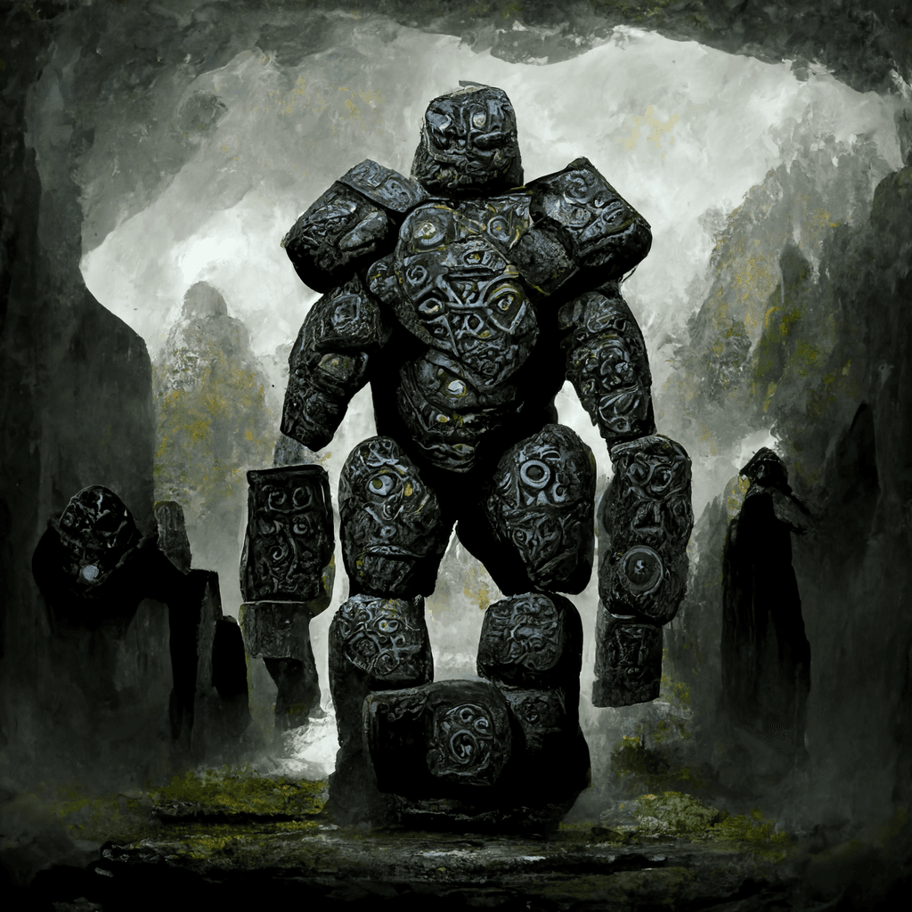 "dark stone golem with runic carvings" made with MidJourney