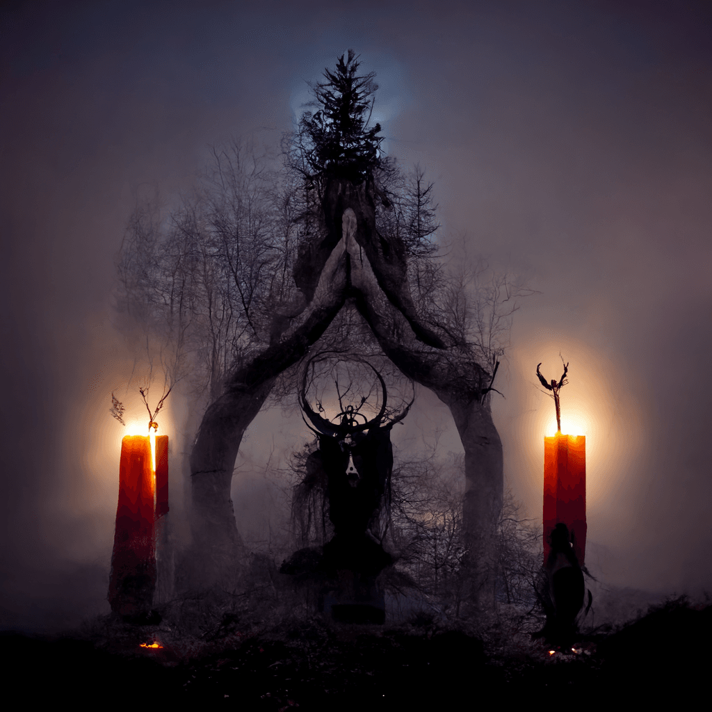 "an altar to the pagan forest spirits" made with MidJourney