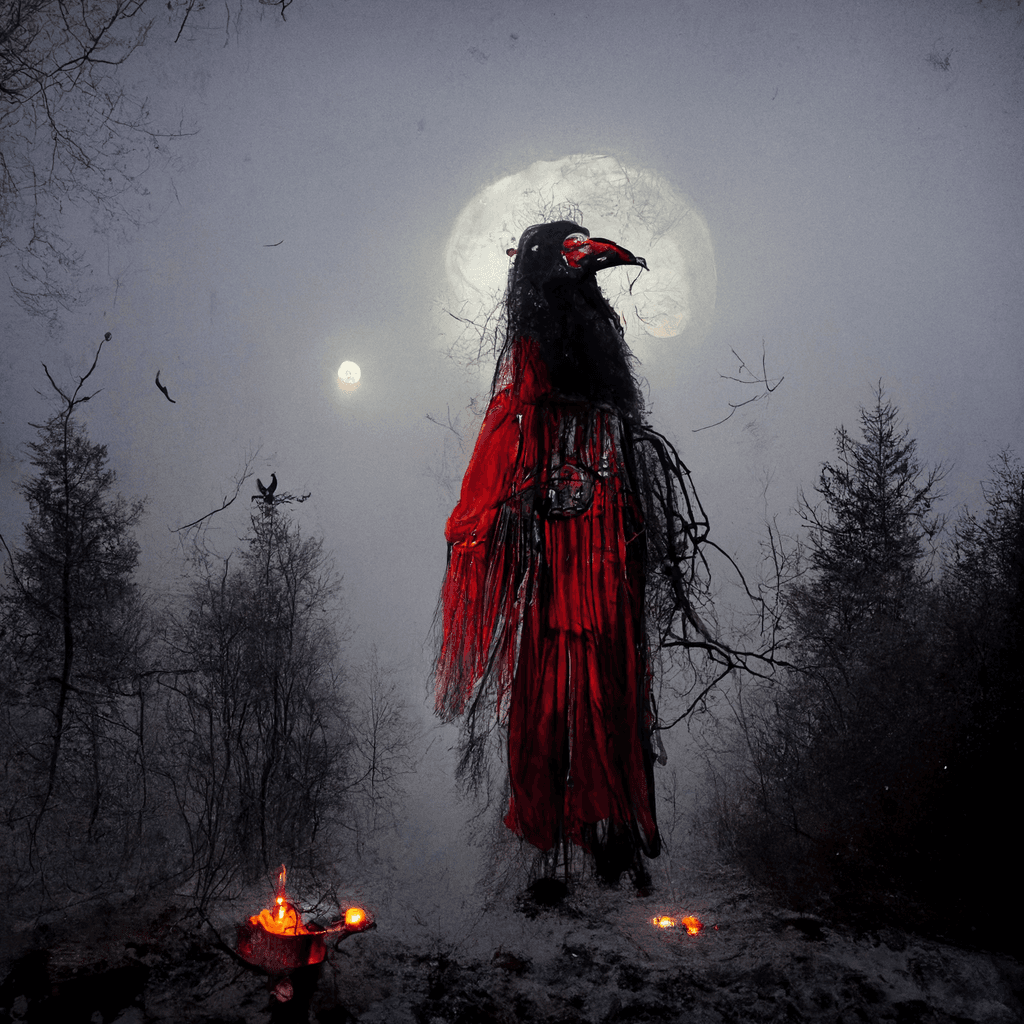 "a foggy pagan ritual, raven spirit in the woods, red moon, photorealistic" made with MidJourney