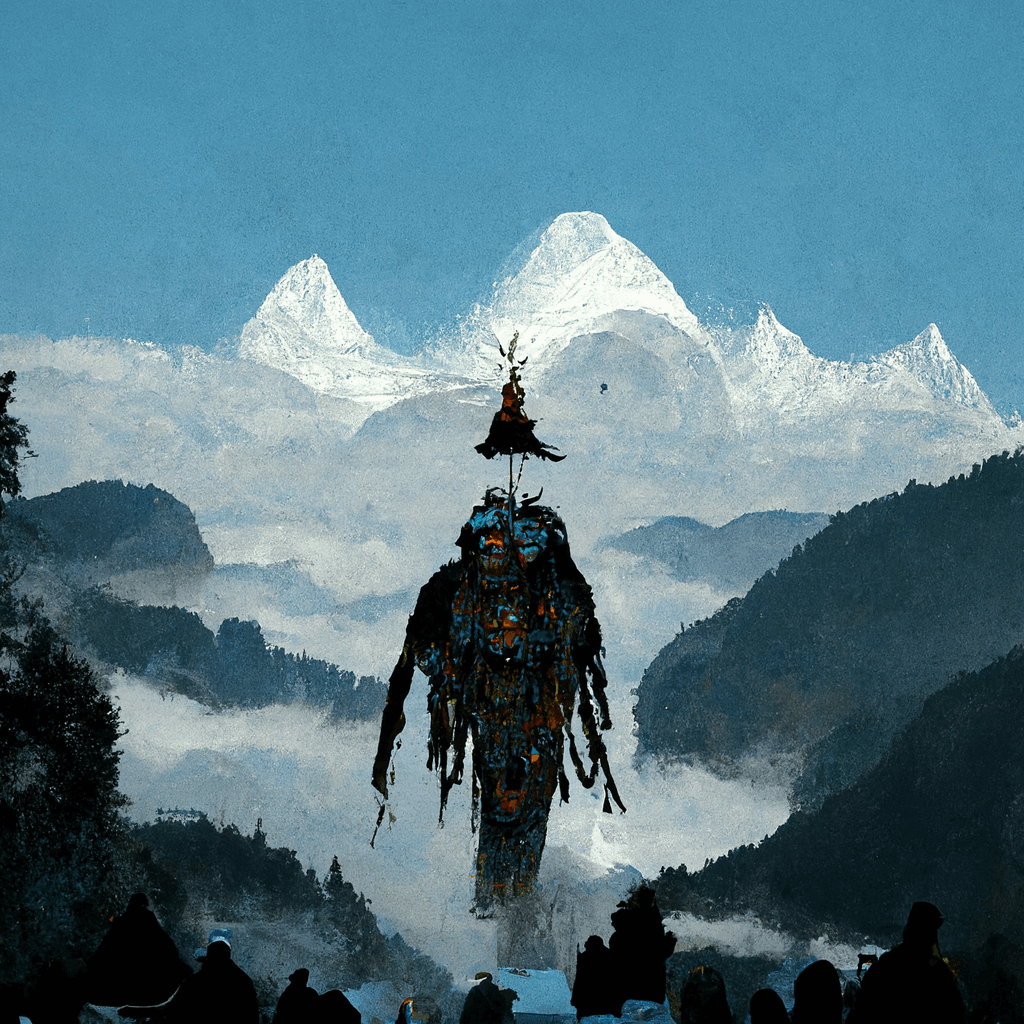 "floating giant shaman in the mountains" made with MidJourney