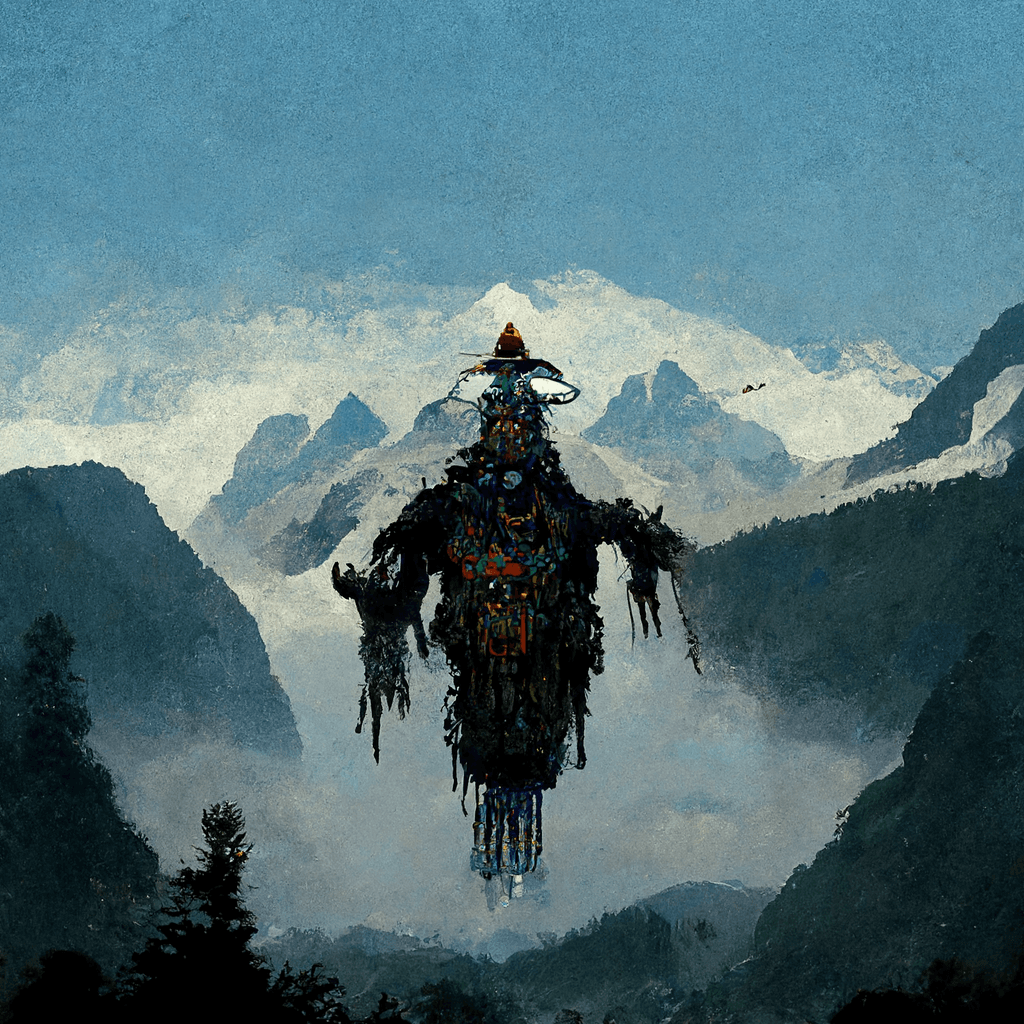 "floating giant shaman in the mountains" made with MidJourney