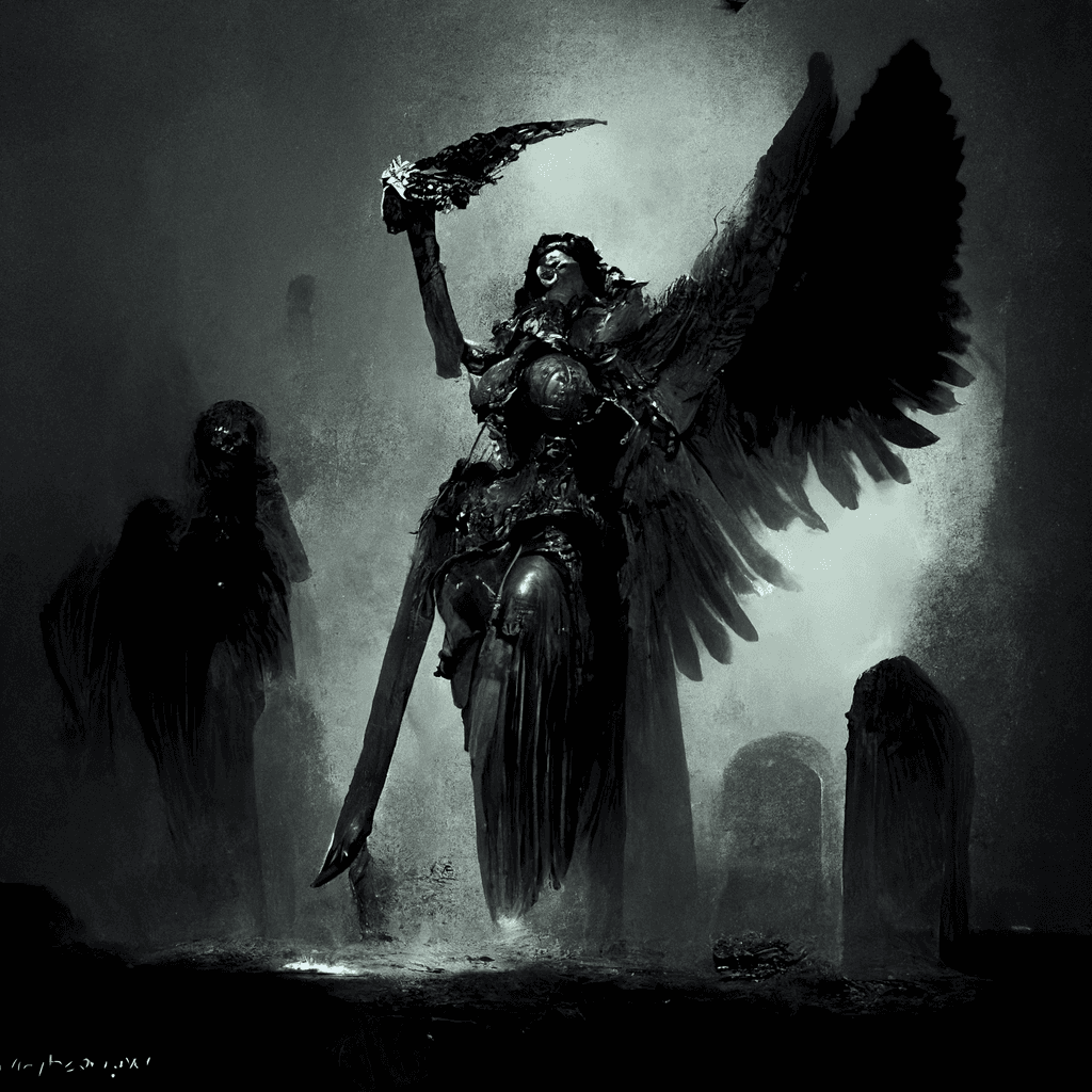 "shadow valkyrie raising the dead" made with MidJourney