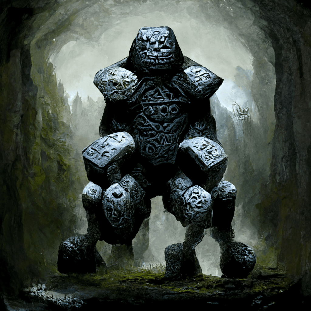 "dark stone golem with runic carvings" made with MidJourney