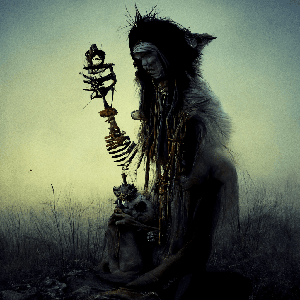 "a shaman with a cat companion spirit surrounded by bones" made with MidJourney