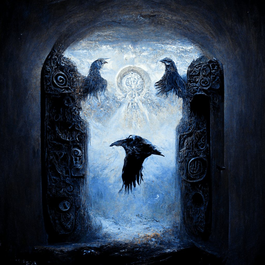 "portal of the pagan raven spirit" made with MidJourney