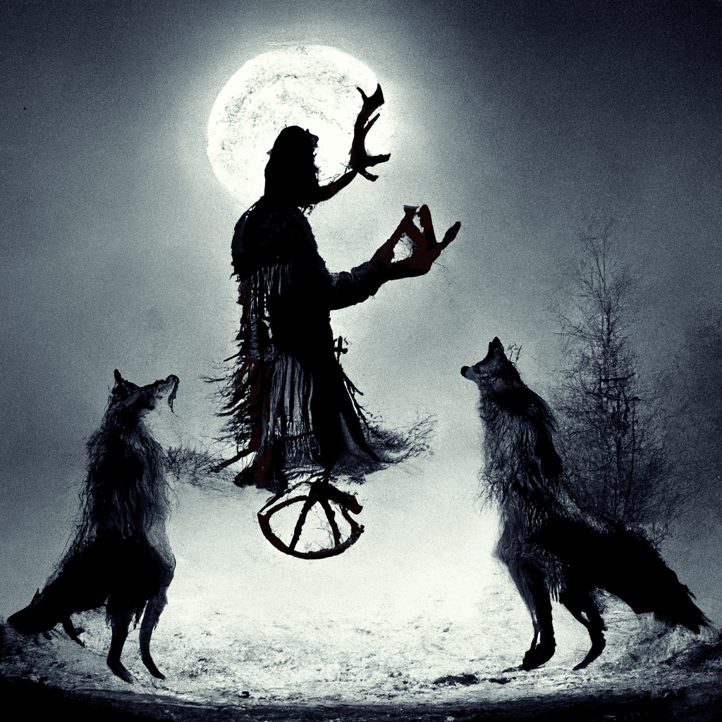 "pagan folk shaman summoning a wolf spirit" made with MidJourney