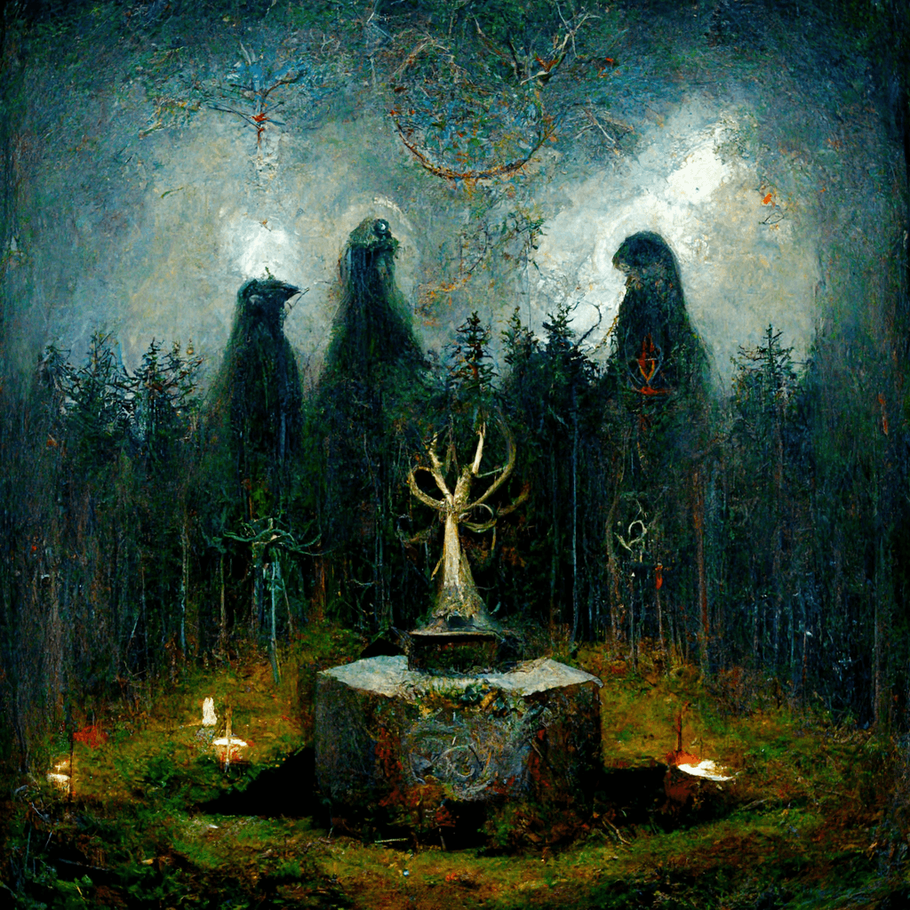 "an altar to the pagan forest spirits" made with MidJourney