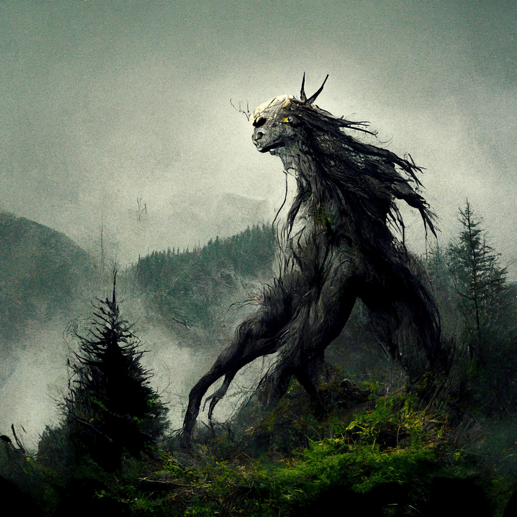 "a fierce land spirit residing in the wooded mountains" made with MidJourney