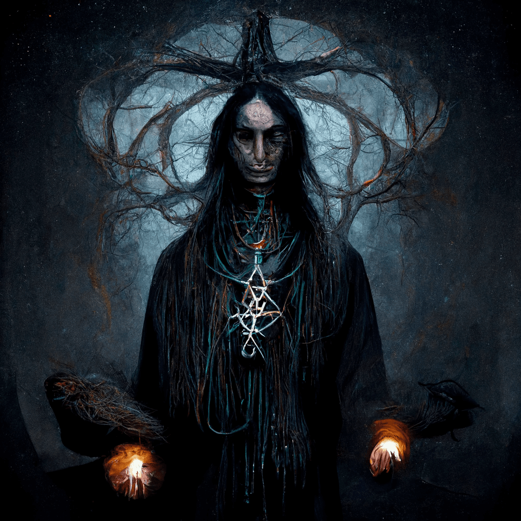 "pagan dark spirit weaver" made with MidJourney