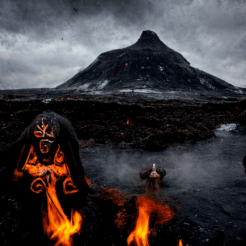 "old norse shaman ritual on black lava" made with MidJourney