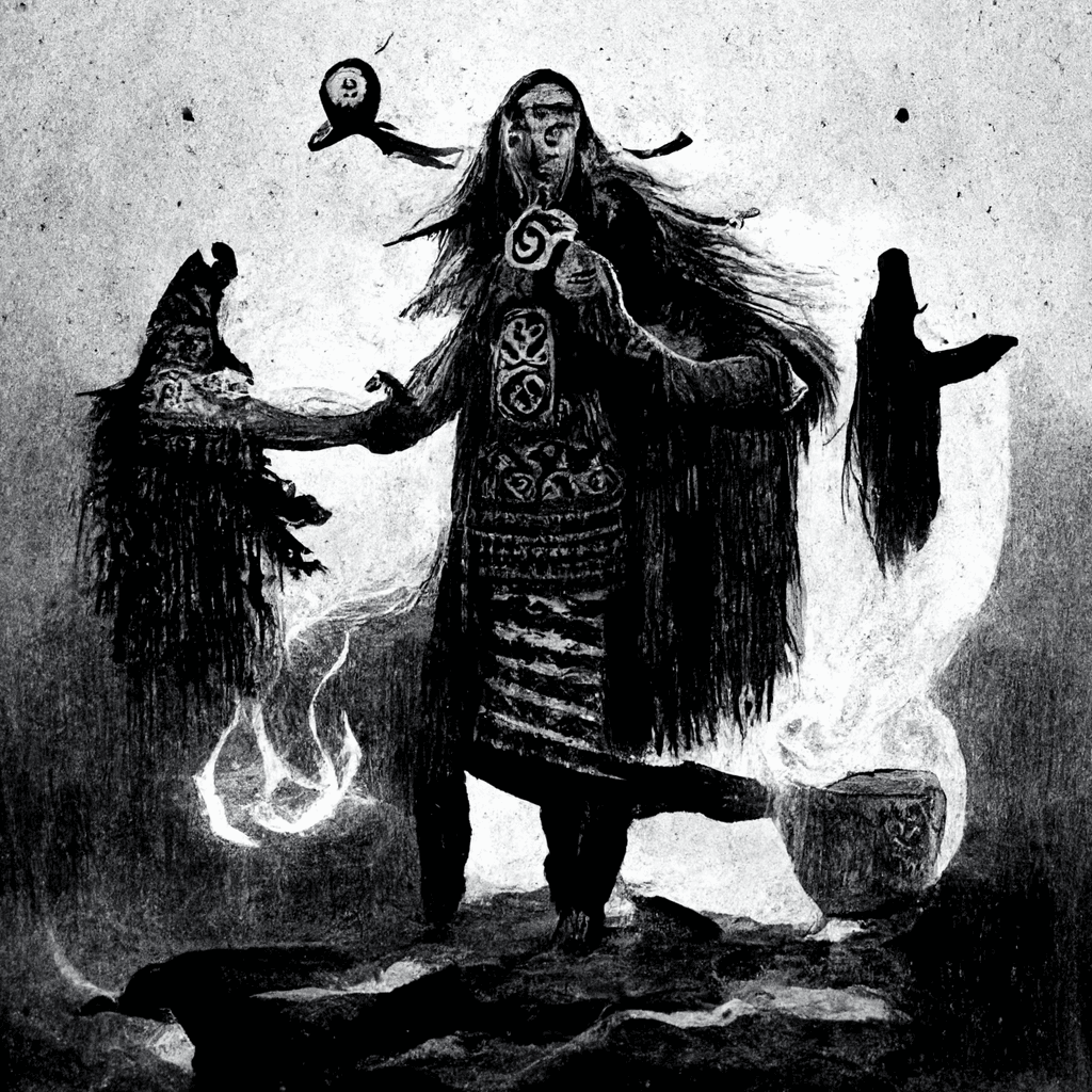 "monochrome illustrated shaman summoning a norse spirit" made with MidJourney