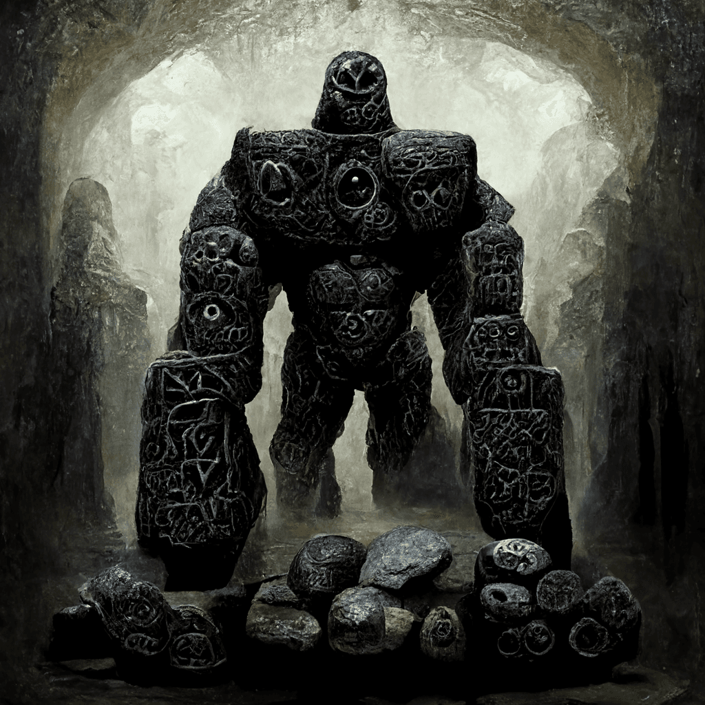 "dark stone golem with runic carvings" made with MidJourney