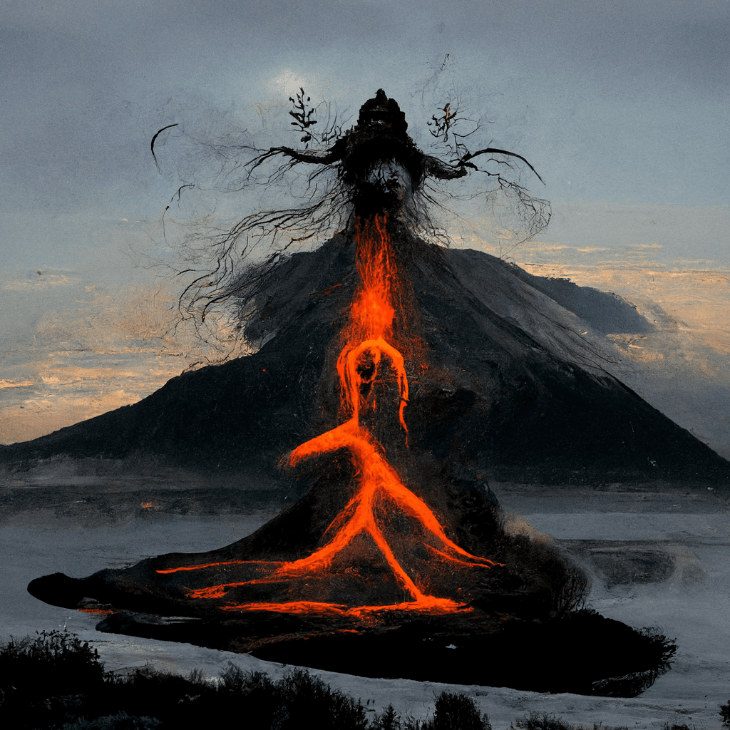 "volcanic shaman spirit emerging from the earth" made with MidJourney