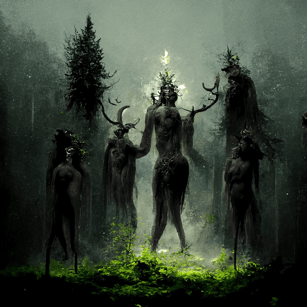 "ritual of the forest gods" made with MidJourney