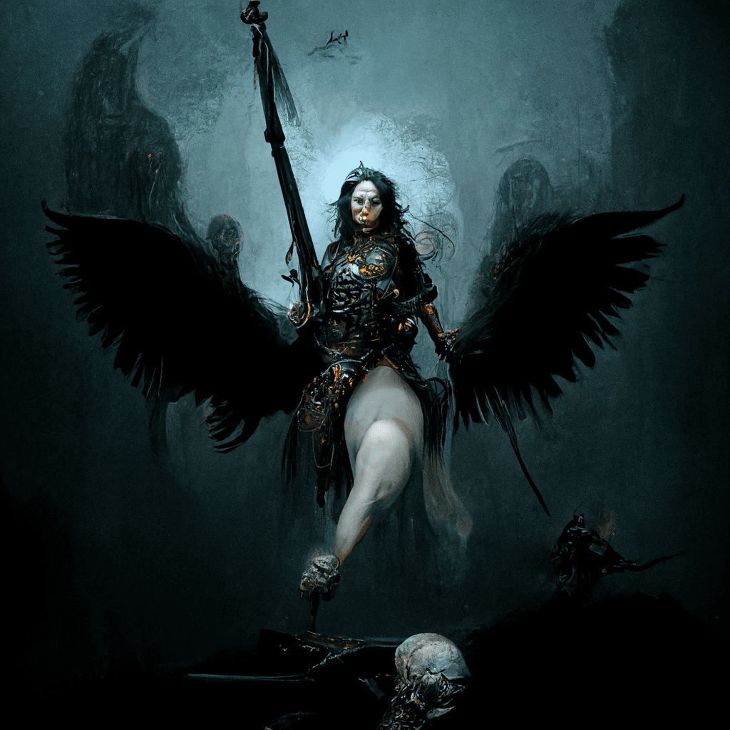 "fantasy shadow valkyrie raising the dead" made with MidJourney