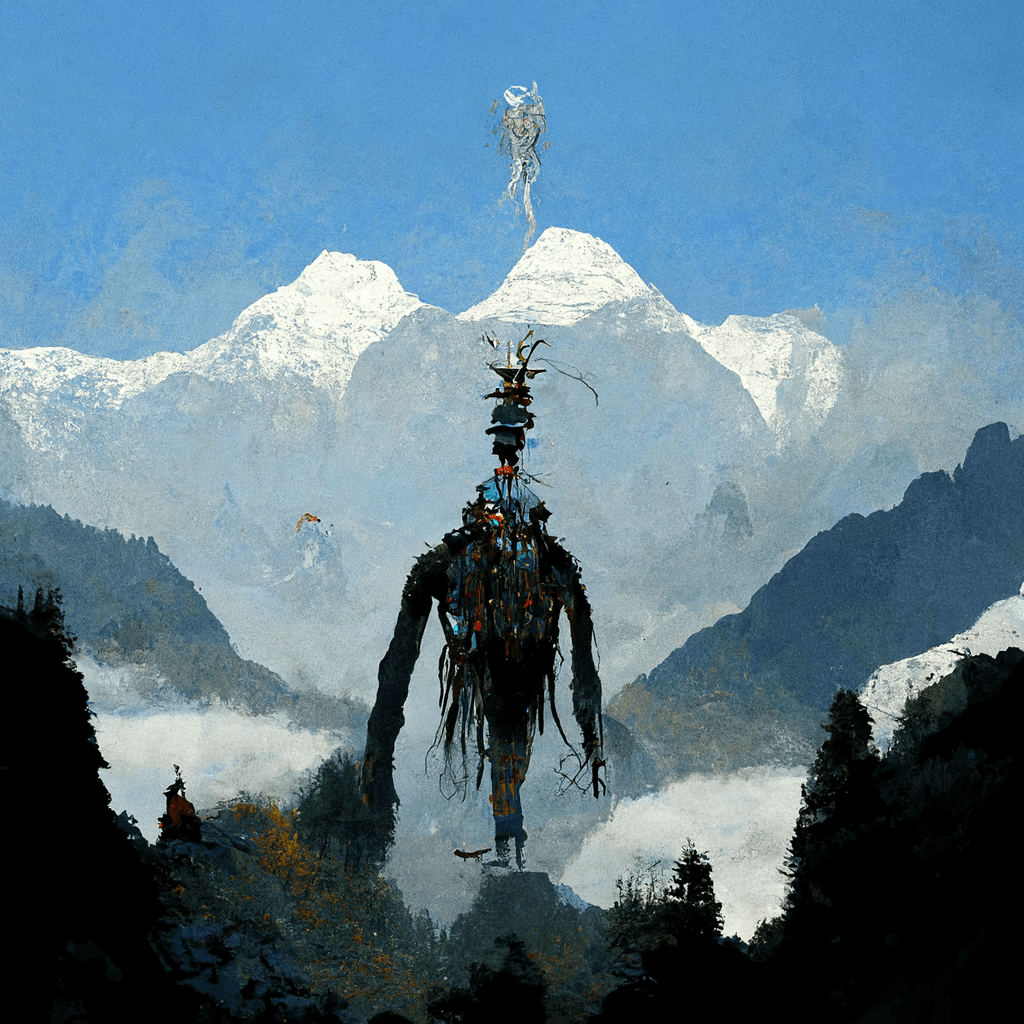 "floating giant shaman in the mountains" made with MidJourney