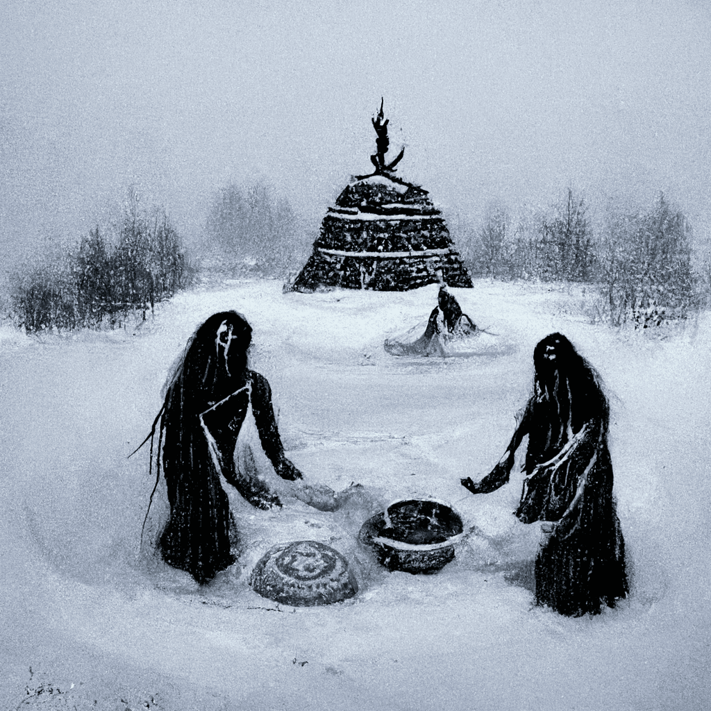 "ancient spirit ritual in snow" made with MidJourney