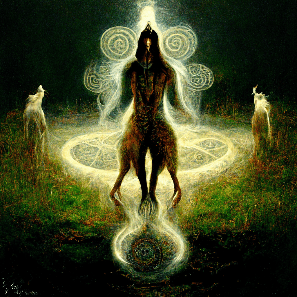 "shapeshifting spirit paganism" made with MidJourney