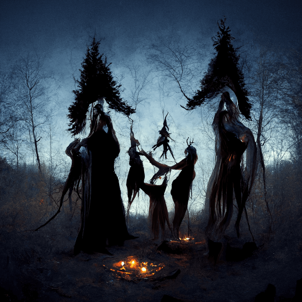 "dark forest spirit ritual with elves" made with MidJourney