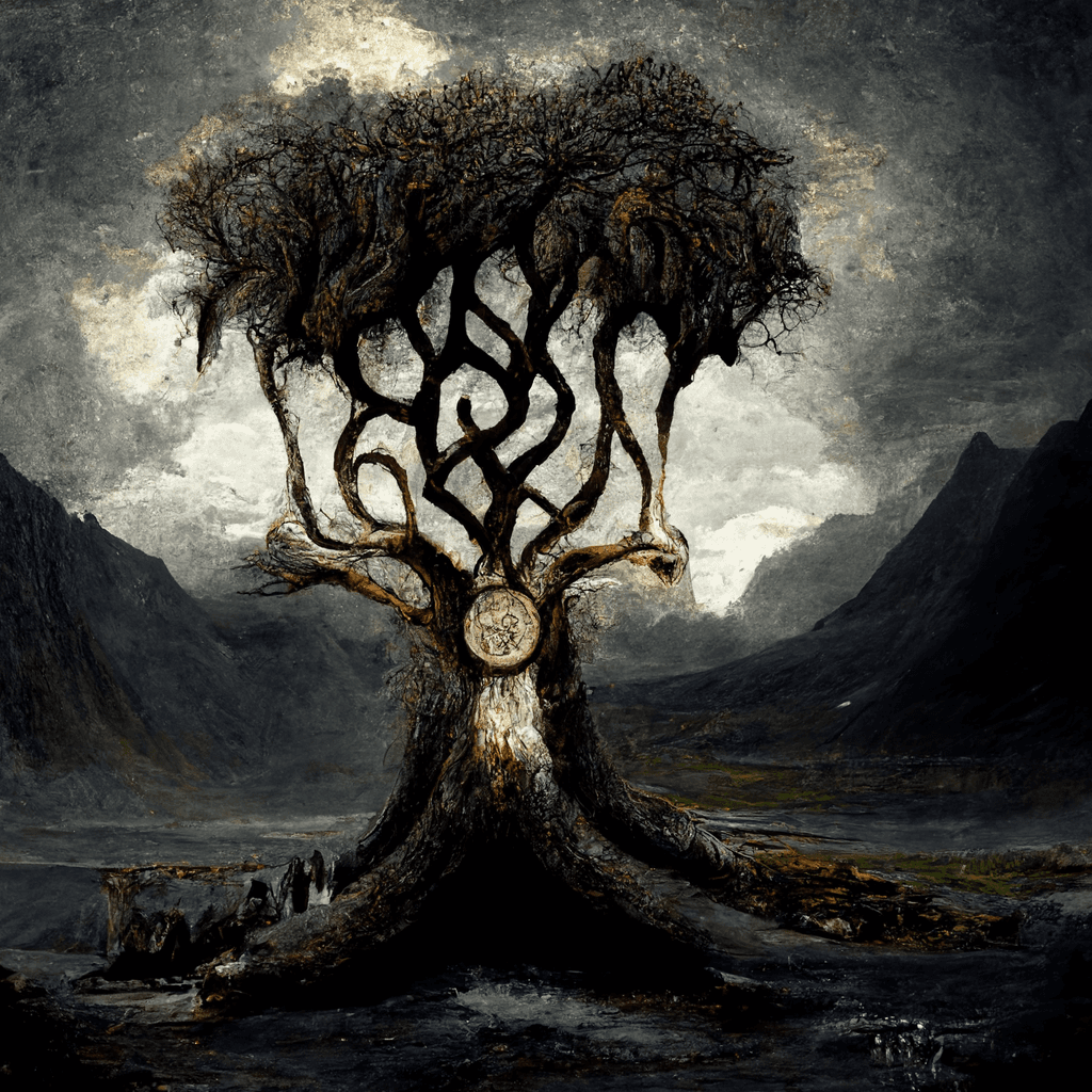 "old norse tree of fate, realistic" made with MidJourney