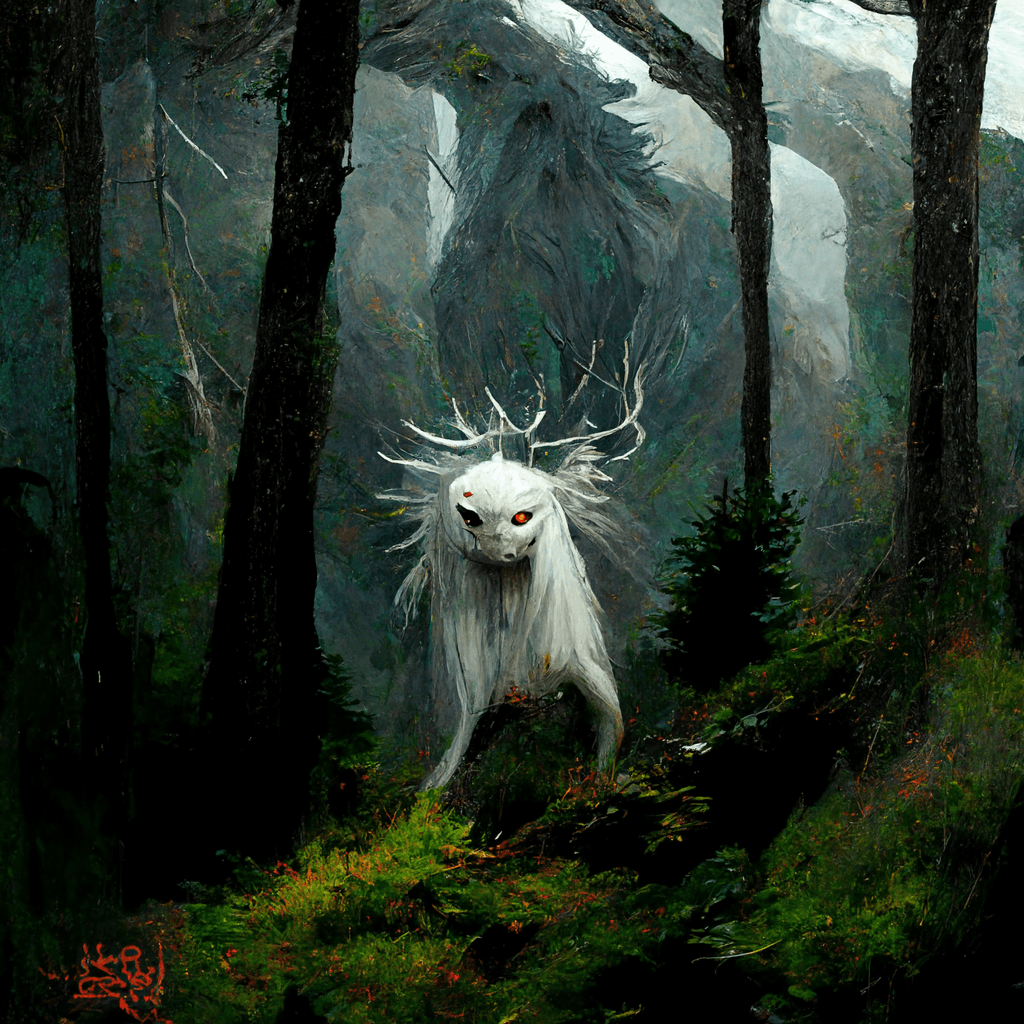 "a fierce land spirit residing in the wooded mountains" made with MidJourney