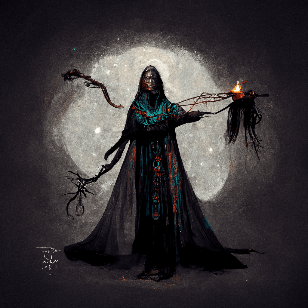 "pagan dark spirit weaver" made with MidJourney