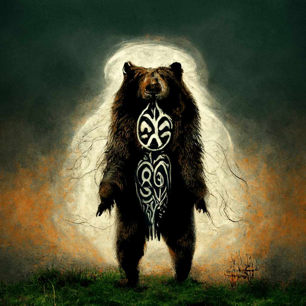 "half warrior half bear spirit paganism" made with MidJourney