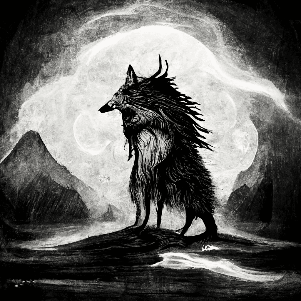 "monochrome illustrated old norse wolf spirit shaman" made with MidJourney