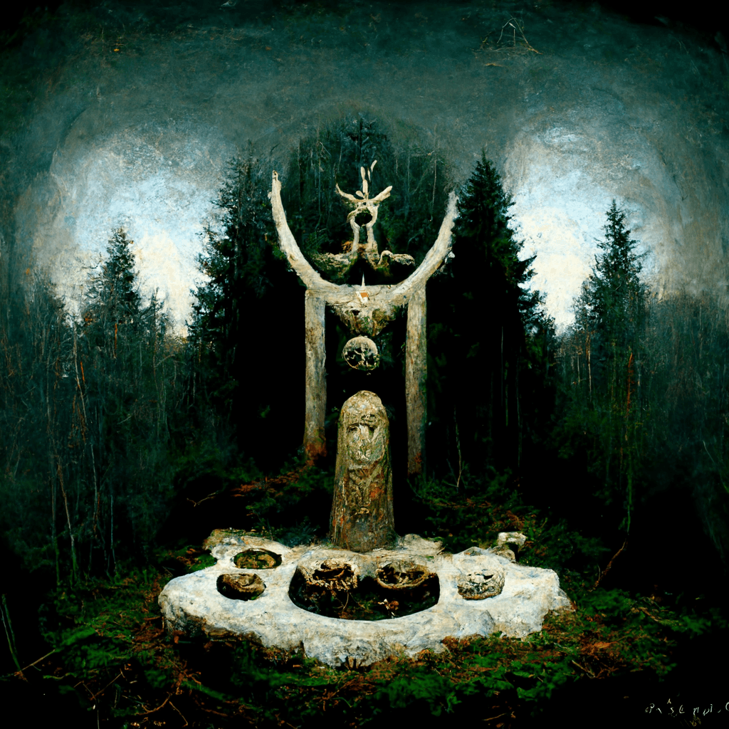 "an altar to the pagan forest spirits" made with MidJourney