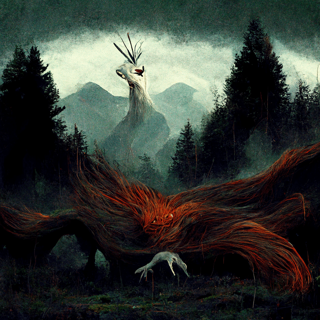 "a fierce land spirit residing in the wooded mountains" made with MidJourney