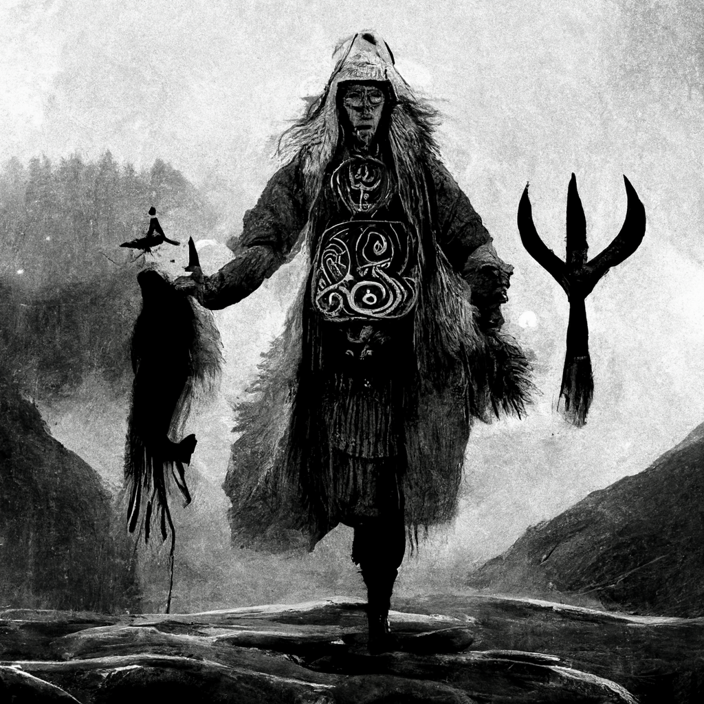"monochrome illustrated shaman summoning a norse spirit" made with MidJourney