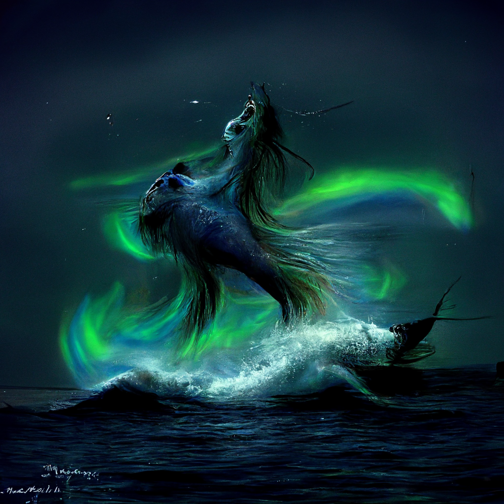 "a fierce sea spirit with the northern lights" made with MidJourney
