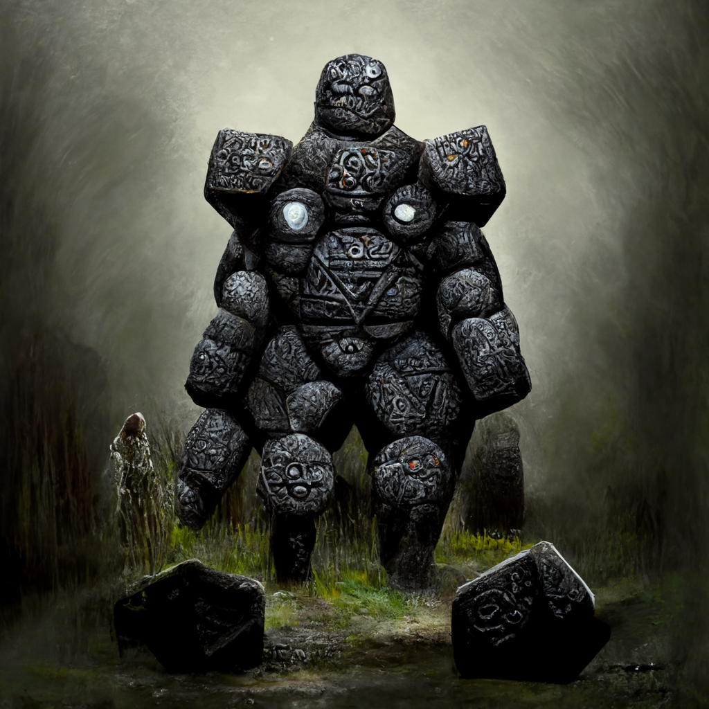"dark stone golem with runic carvings" made with MidJourney