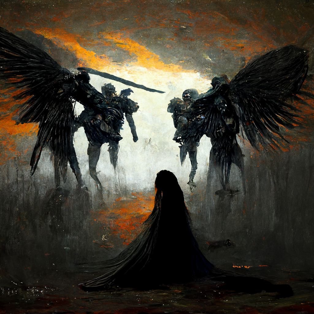 "shadow valkyrie raising the dead" made with MidJourney