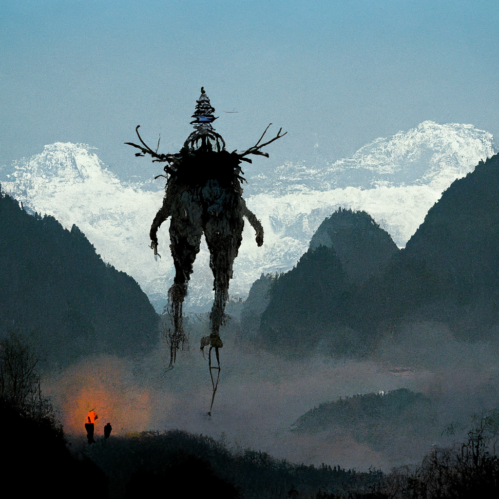 "floating giant shaman in the mountains" made with MidJourney