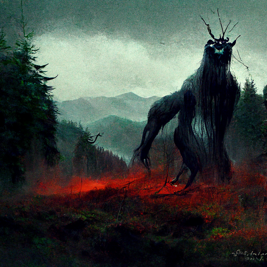 "a fierce land spirit residing in the wooded mountains" made with MidJourney
