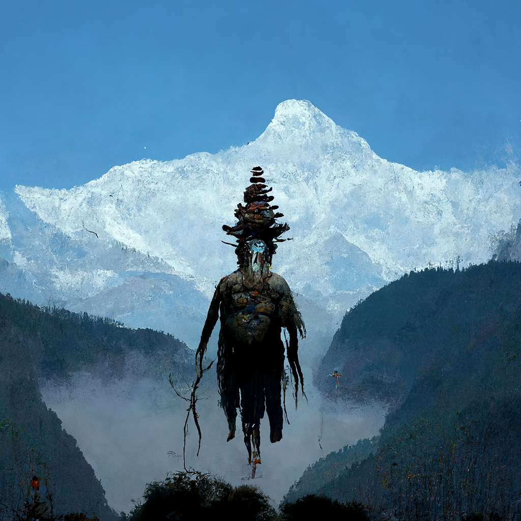 "floating giant shaman in the mountains" made with MidJourney