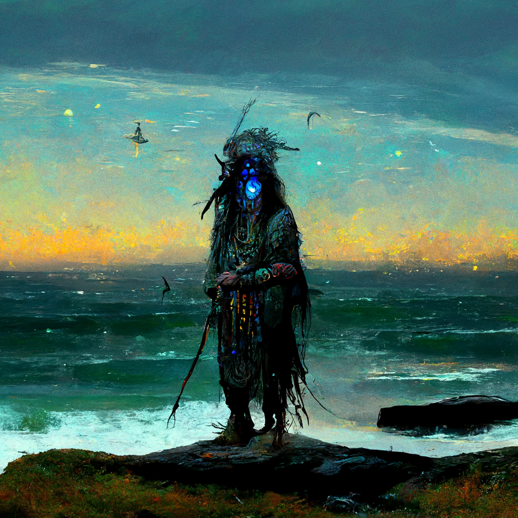 "shaman watcher by the sea" made with MidJourney