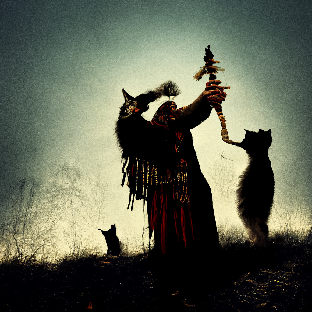 "pagan shaman with a cat, performing a bone ritual" made with MidJourney