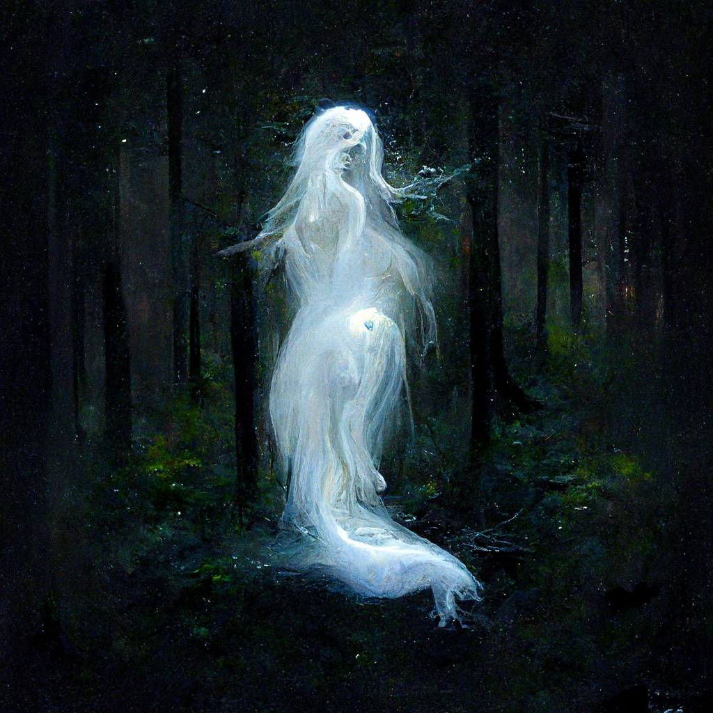 "glowing white spirit floating in a dark forest" made with MidJourney