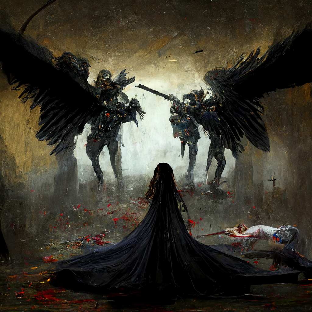 "shadow valkyrie raising the dead" made with MidJourney
