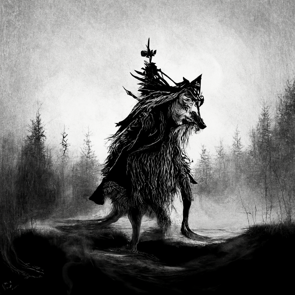 "monochrome illustrated old norse wolf spirit shaman" made with MidJourney