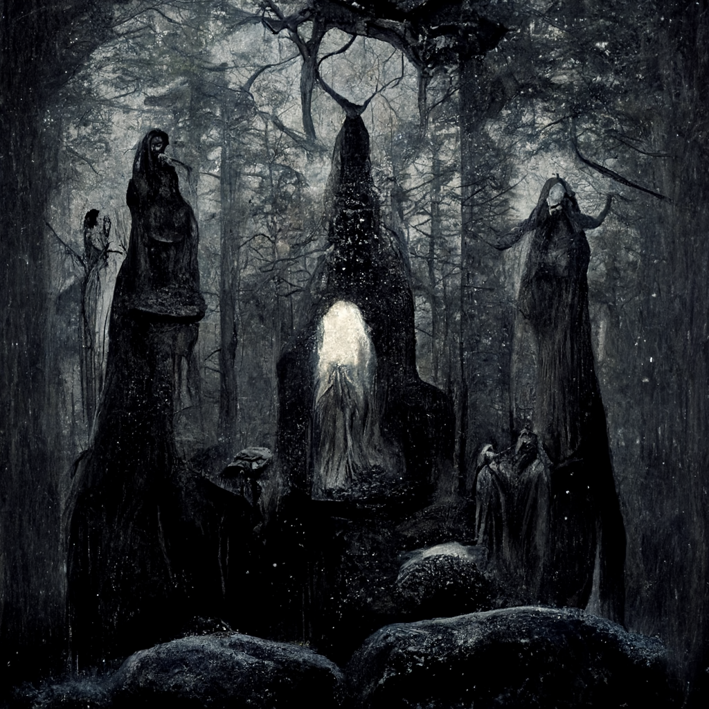 "an old norse dark monolith in the forest surrounded by spirits" made with MidJourney