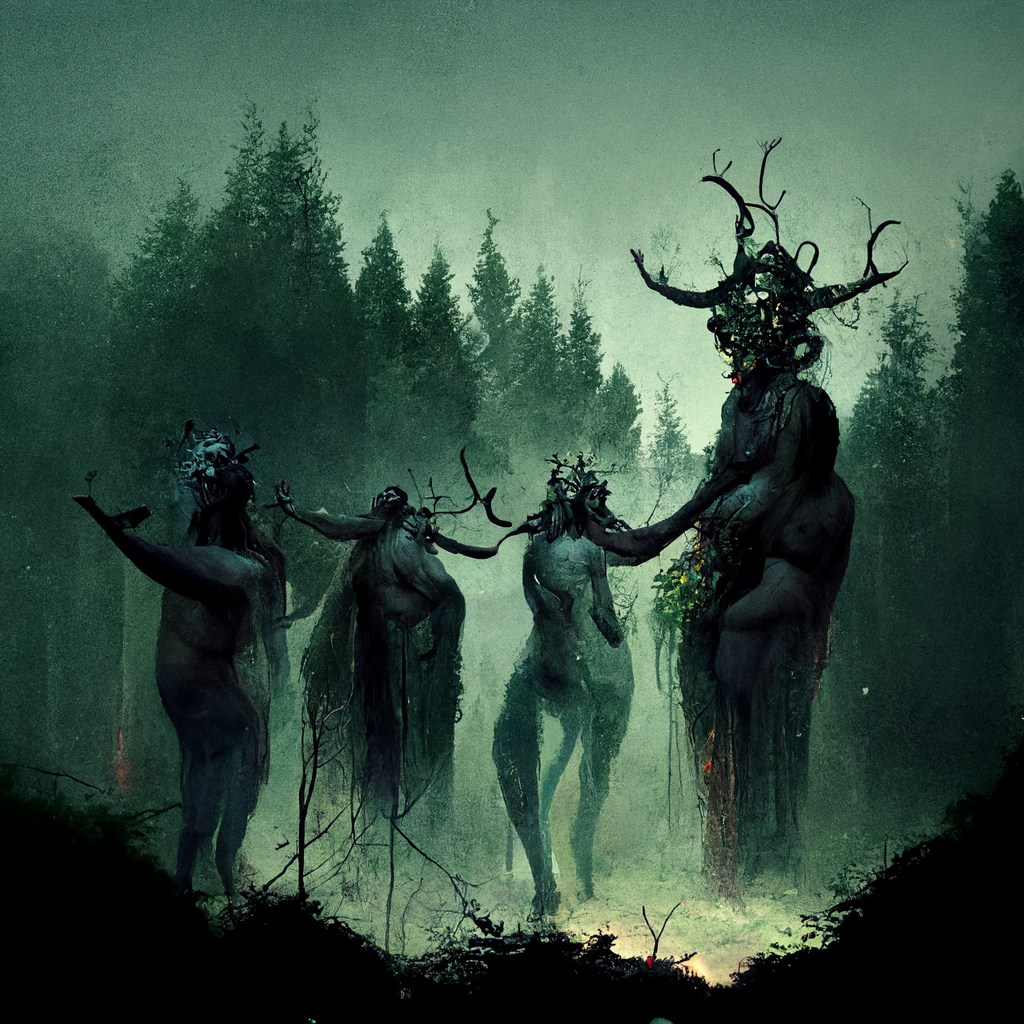 "ritual of the forest gods" made with MidJourney