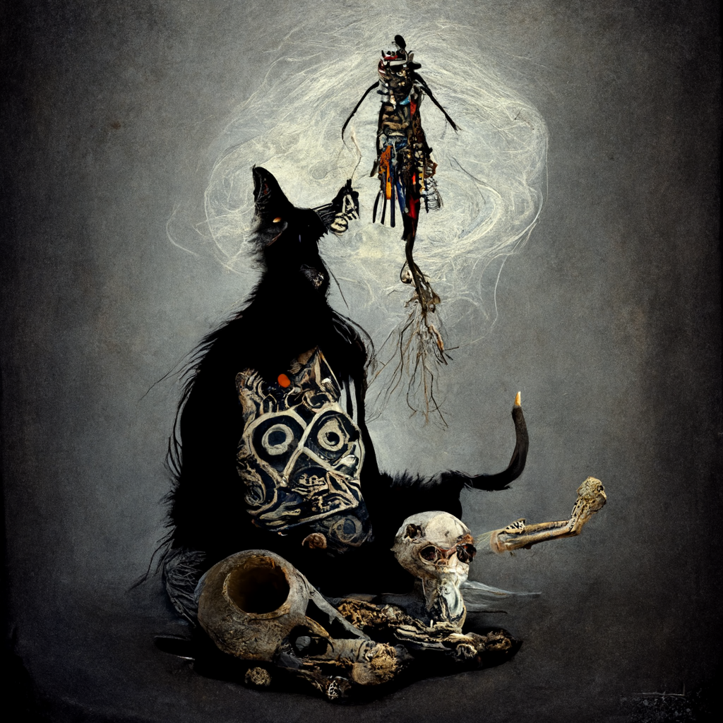 "a shaman with a cat companion spirit surrounded by bones" made with MidJourney