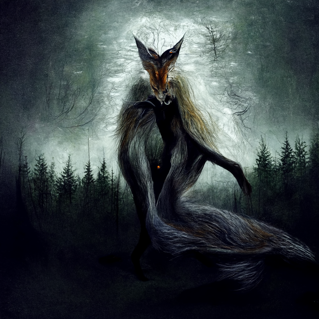 "mythical norse fox spirit in dark forest" made with MidJourney