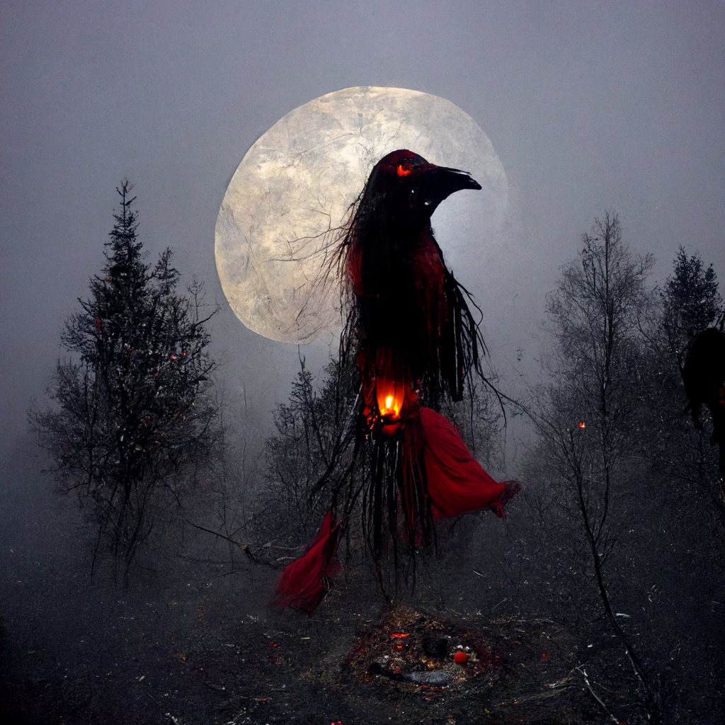 "a foggy pagan ritual, raven spirit in the woods, red moon, photorealistic" made with MidJourney