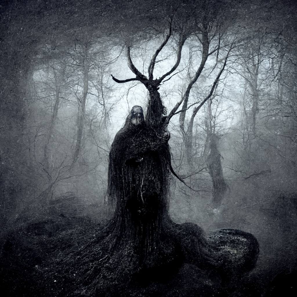 "old norse spirit emerging from a tree trunk, dark forest and fog" made with MidJourney