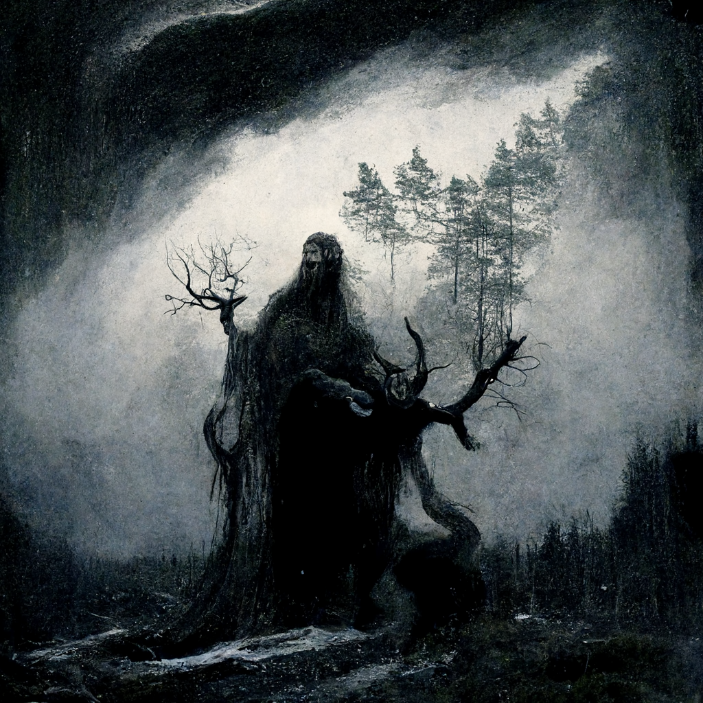 "old norse spirit emerging from a tree trunk, dark forest and fog" made with MidJourney